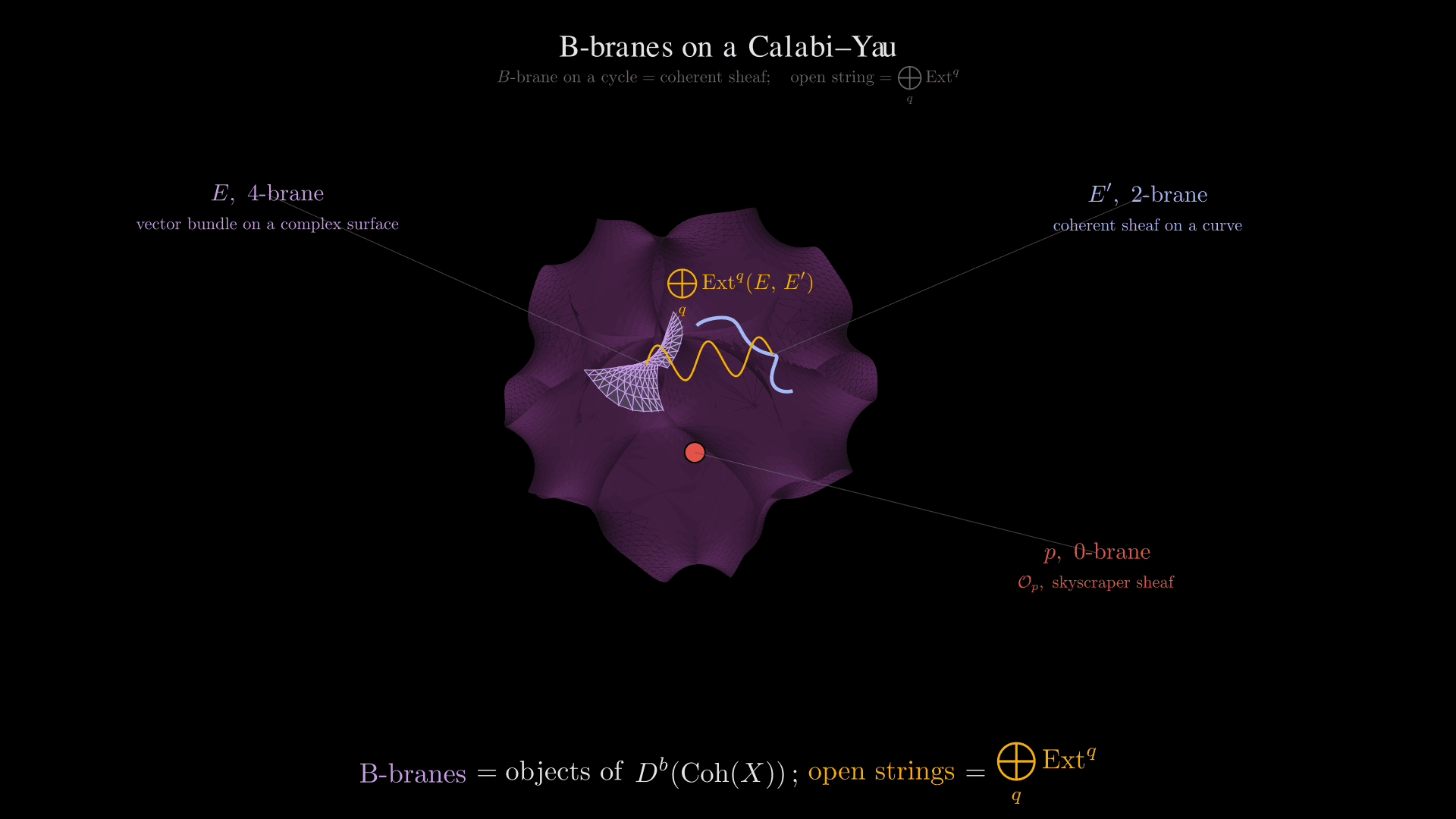 A figure on a black background showing the Hanson cross-section of the Fermat quintic Calabi–Yau threefold — a deep-purple multi-petal lotus-shaped 3D-shaded mesh — at the centre of the frame. Three B-branes are drawn on top of the lotus: a pale-violet sub-patch labelled $E$, 4-brane (vector bundle on a complex surface) on the upper-left lobe; a cool-blue parametric curve labelled $E'$, 2-brane (coherent sheaf on a curve) on the upper-right lobe; and a coral-red dot labelled $p$, 0-brane ($\\mathcal{O}_p$, skyscraper sheaf) below the lotus. An amber sinusoidal wave with five visible half-wavelengths runs between $E$ and $E'$, labelled $\\bigoplus_q \\mathrm{Ext}^q(E, E')$ — the open-string state space stretched between the two branes. Heading: 'B-branes on a Calabi–Yau'. Subtitle: 'B-brane on a cycle = coherent sheaf; open string = $\\bigoplus_q \\mathrm{Ext}^q$'. Bottom unifier banner: 'B-branes = objects of $D^b(\\mathrm{Coh}(X))$; open strings = $\\bigoplus_q \\mathrm{Ext}^q$', with 'B-branes' in pale violet and 'open strings' / $\\bigoplus_q \\mathrm{Ext}^q$ in amber.