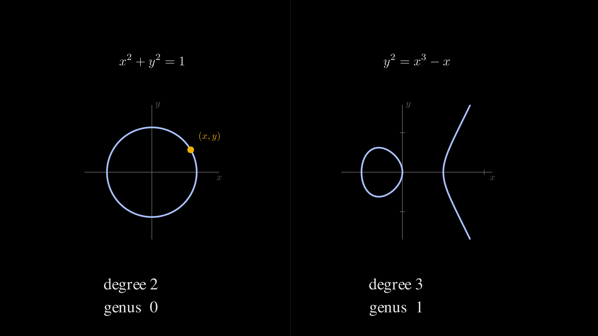 A two-panel diagram on a black background. Left panel: the unit circle $x^2 + y^2 = 1$ drawn in pale blue against thin axes, with a single point on the circle marked in amber and labelled $(x, y)$; the annotation reads 'degree 2, genus 0'. Right panel: the real elliptic curve $y^2 = x^3 - x$ drawn in pale blue against thin axes — both real components are visible, the closed oval over $-1 \\le x \\le 0$ and the unbounded branch starting at $x = 1$; the annotation reads 'degree 3, genus 1'.