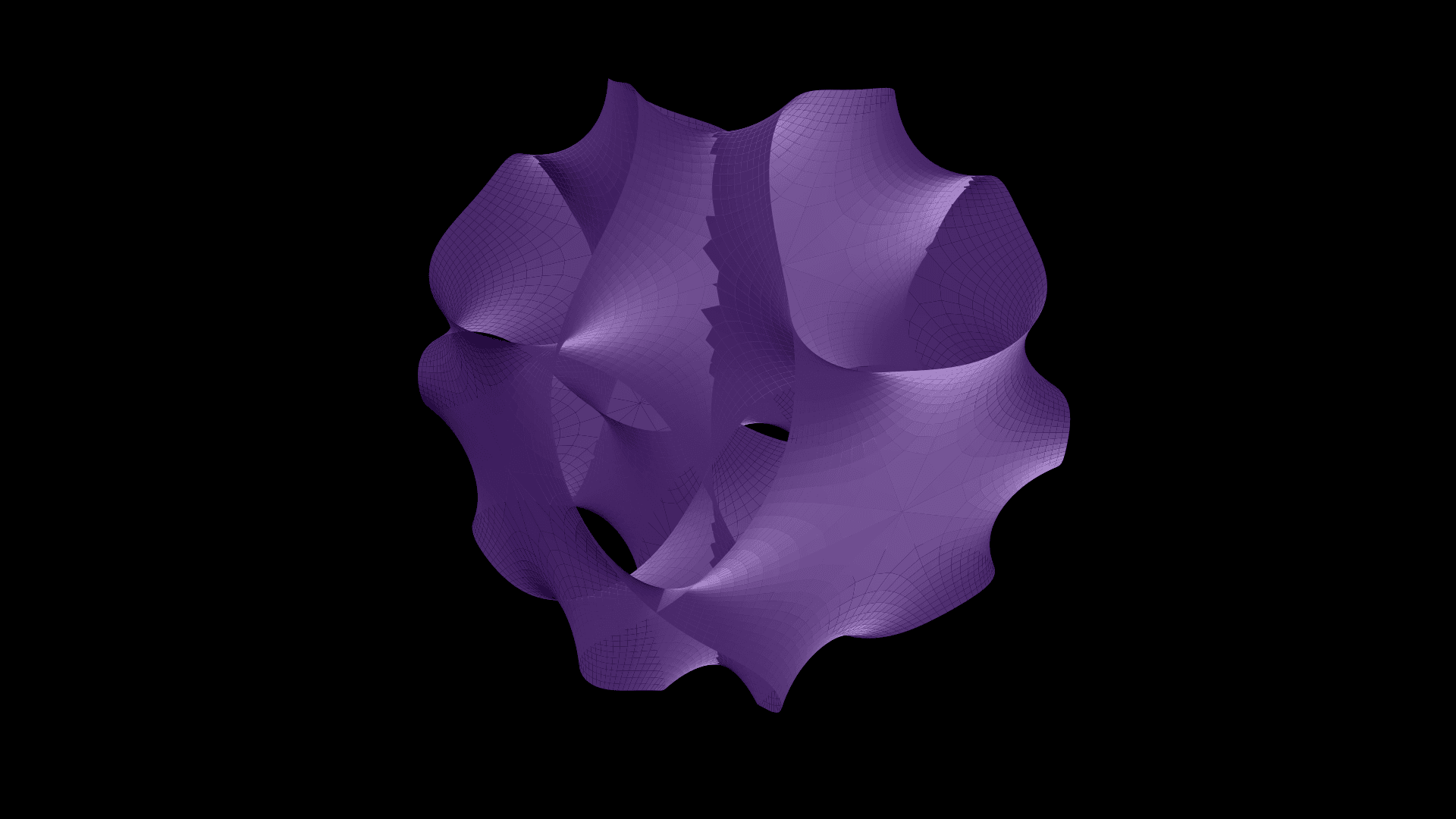 A 3D rendering of the iconic Hanson cross-section of the Fermat quintic Calabi-Yau threefold on a black background. A dark-purple star-shaped surface with ten sharp cusps radiating outward, viewed from a slight elevation above the equatorial plane. Visible gaps between adjacent petals reveal the surface's open topology β the petals don't connect at the cusp tips. Each of the 25 patches in the Hanson parameterisation is a separate lobe joined to its neighbours along the unit-circle gluing loci. The whole figure suggests the curled-up six-dimensional manifold of heterotic string compactifications.
